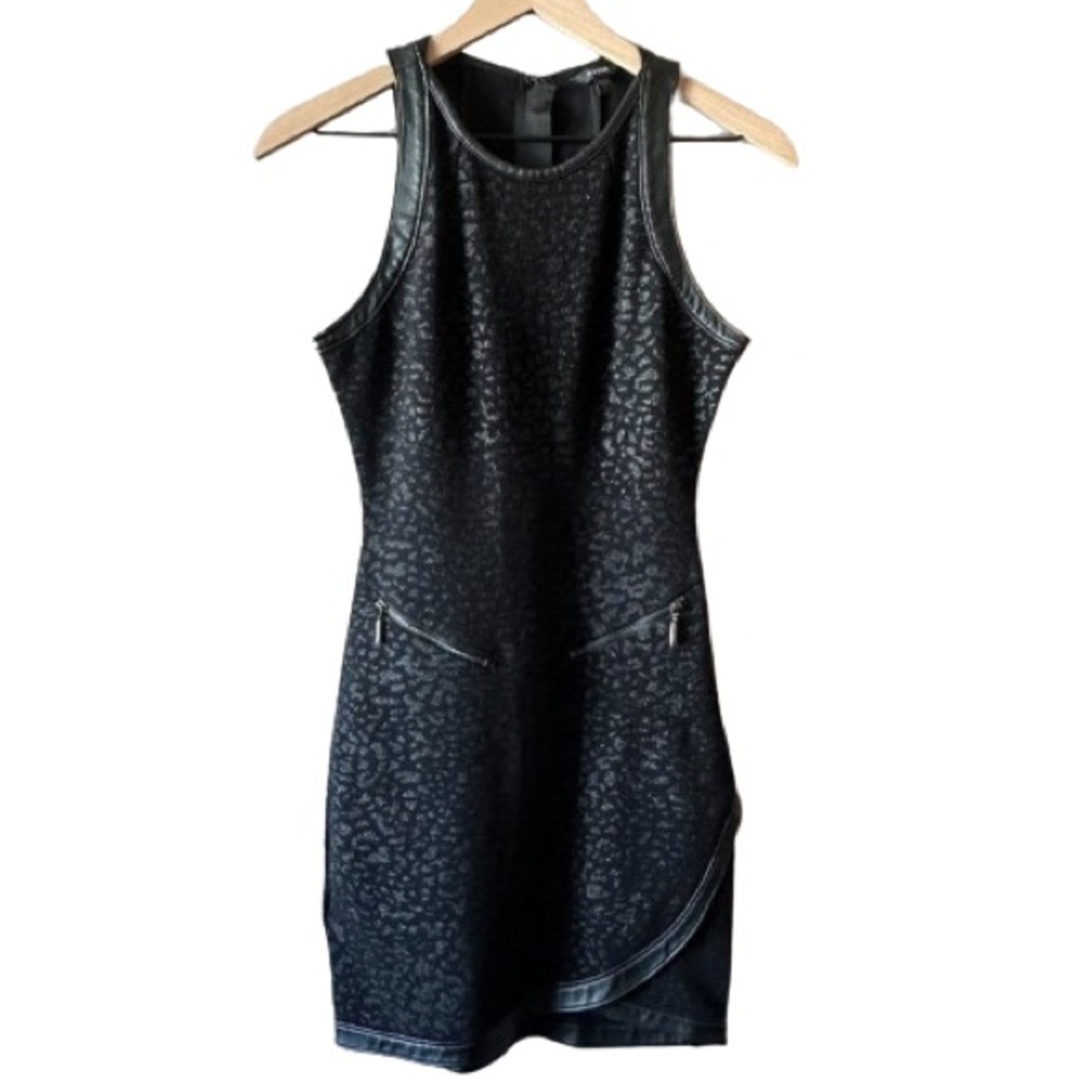 Women's S Guess Animal Print Dress Leather Trim Tulip Hem Zipper